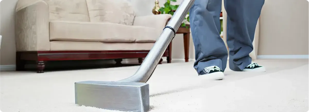 Carpet cleaning technician using a hot-water extraction wand on a light-colored carpet in a living room, San Jose, CA.