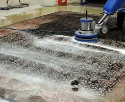 Professional rug cleaning with a rotary floor machine and shampoo foam, deep-cleaning an area rug, in San Jose, CA.